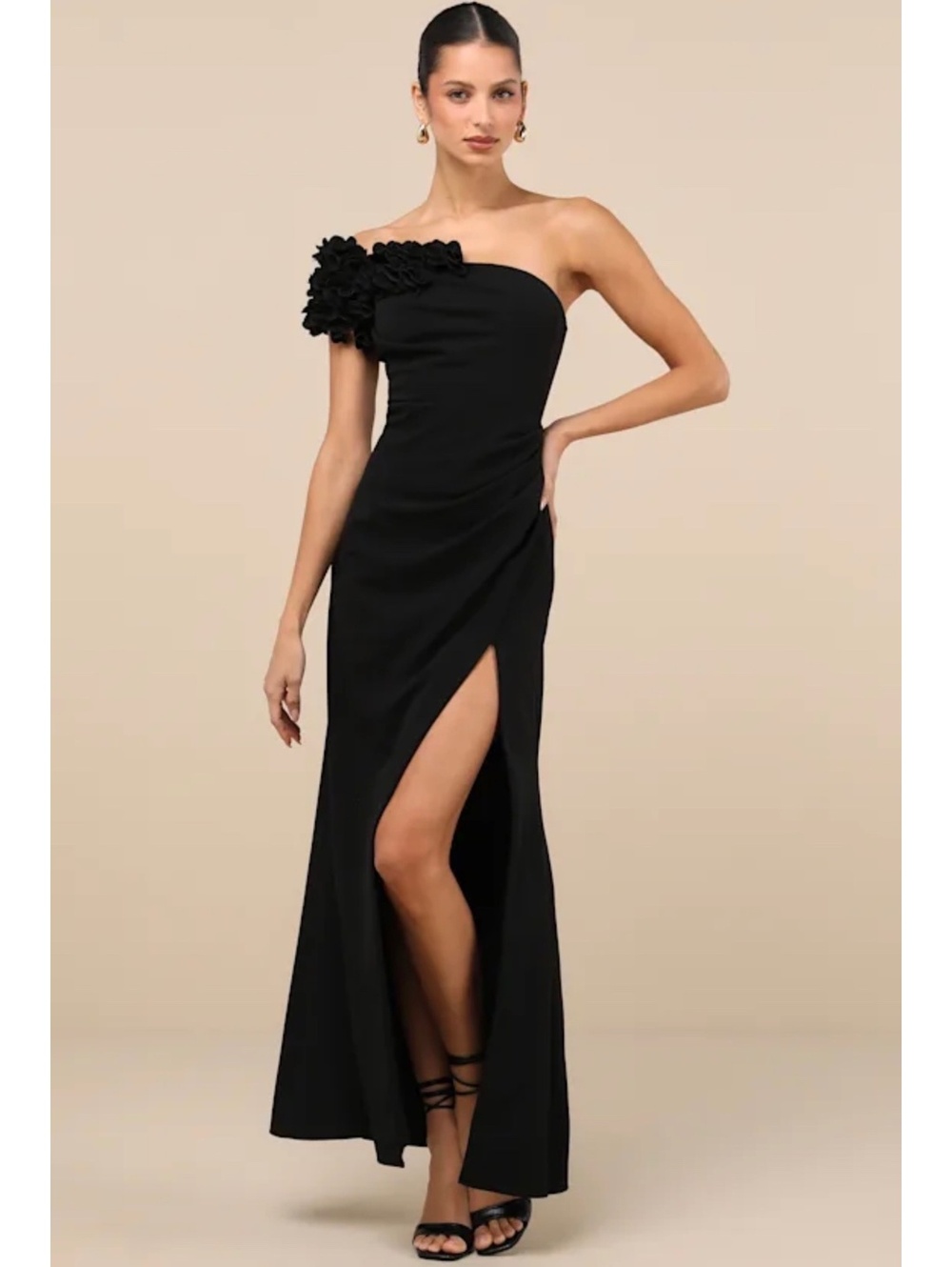 Lulus Beyond Elegant Black 3D Floral One Shoulder Maxi Dress X